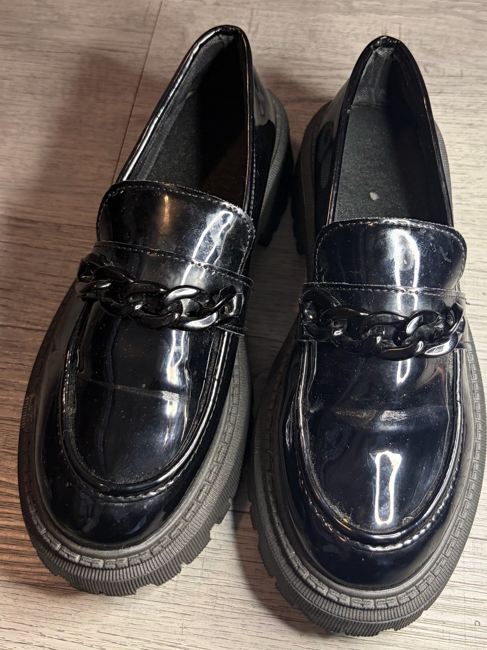 Women's Black Patent Chain-Trim Loafers with Chunky Sole